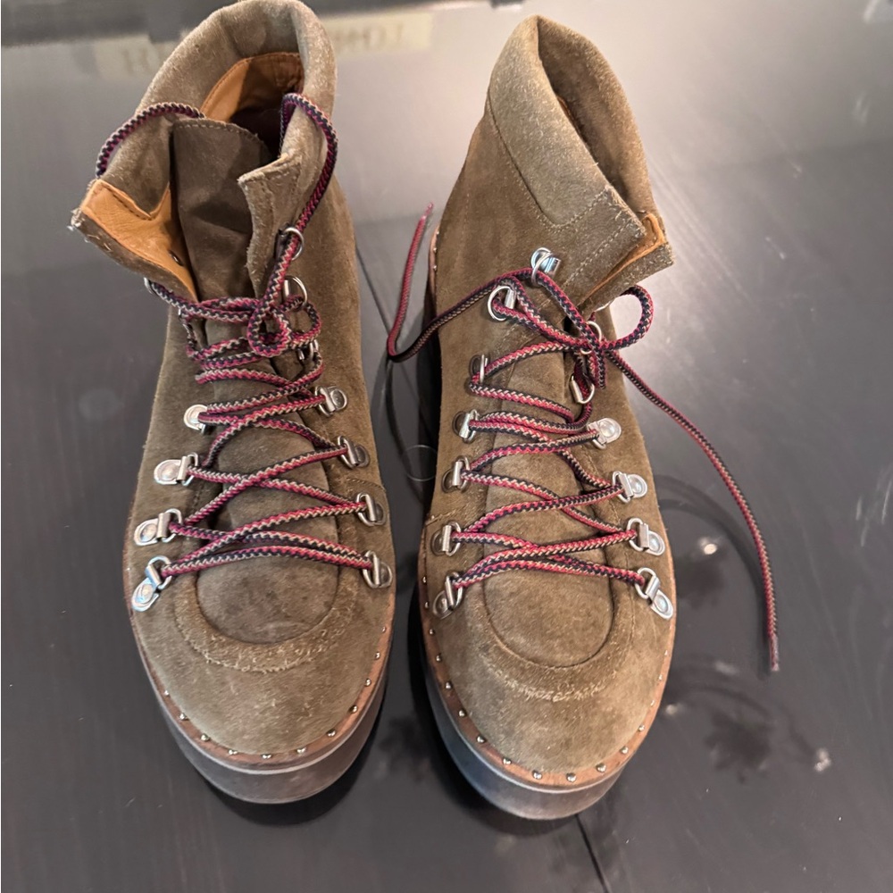 Free People Olive Suede Combat Boots with Burgundy Laces